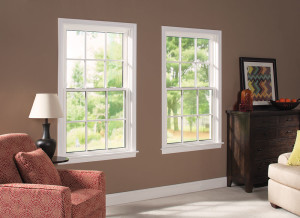 A room having two sofas and white windows installed on a wall.