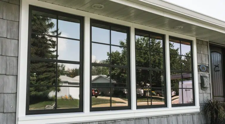 Energy-efficient window installation showcasing modern black-framed windows reflecting greenery and residential surroundings, highlighting home improvement options in Fargo.