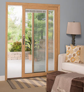 Sliding glass door with wood grain frame